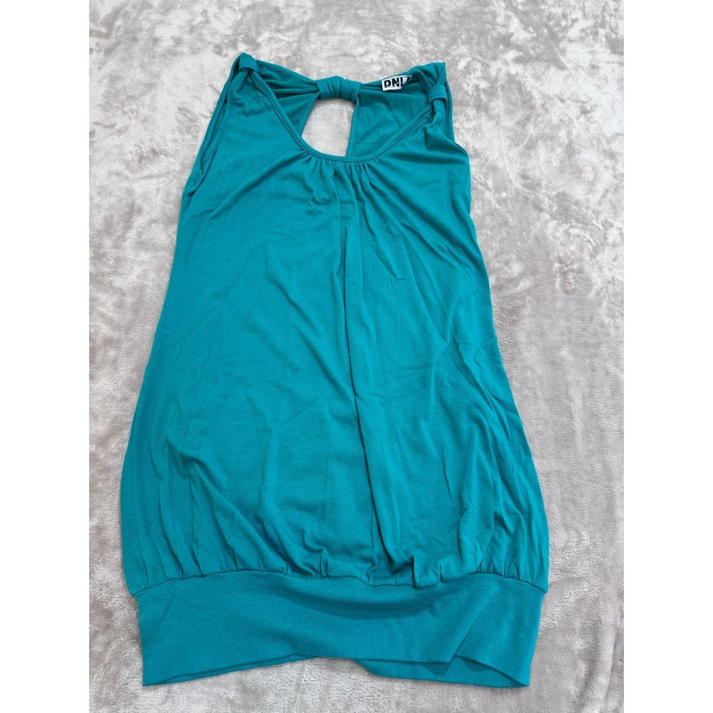 DNLA Teal Green Sleeveless Knit Top Keyhole Bow Back Banded Hem Blouse Medium